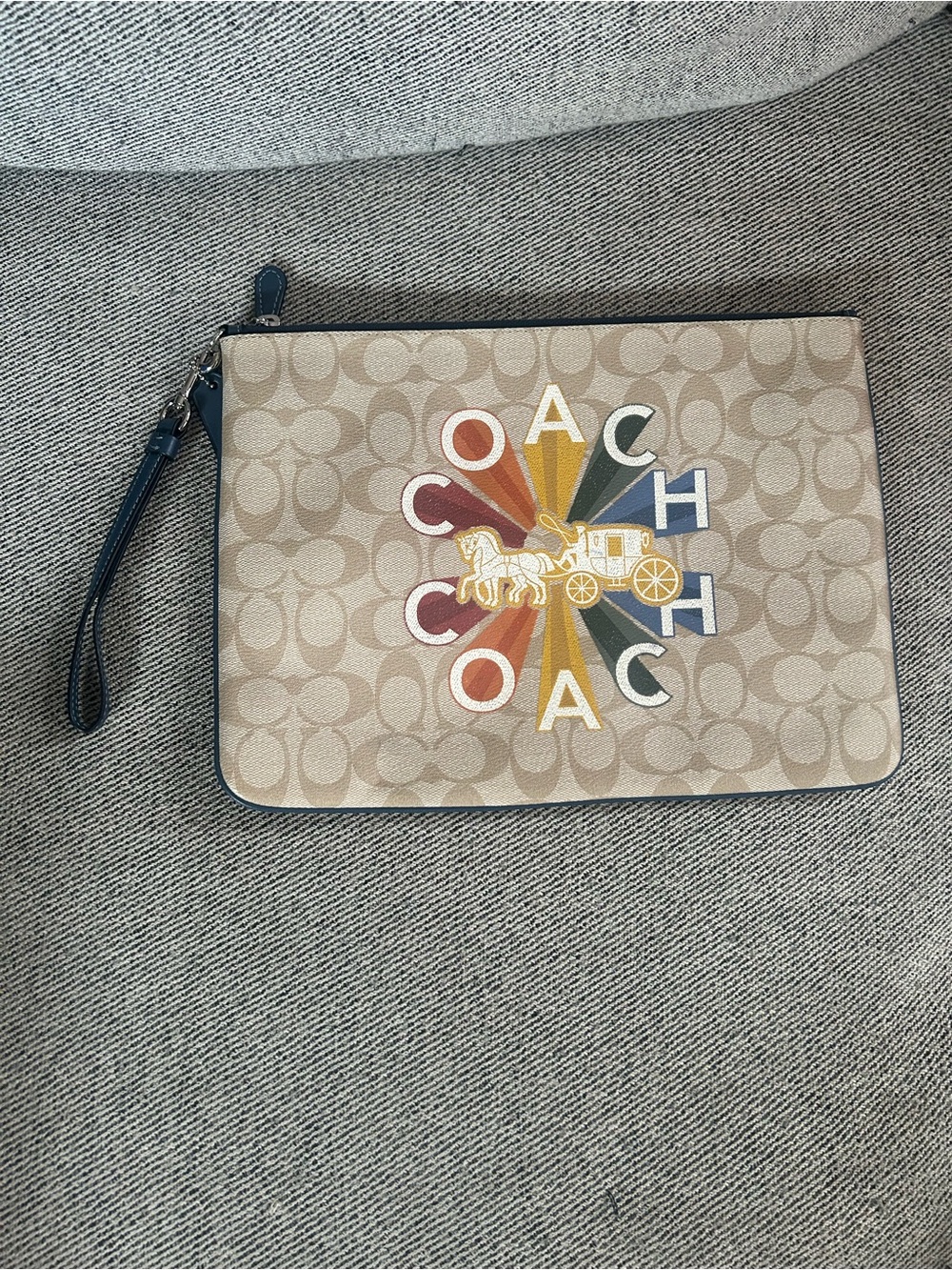 Coach Khaki Signature Canvas Wristlet with Multicolor Logo